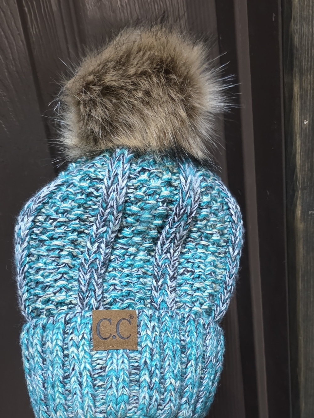 C.C Teal Marled Knit Beanie with Faux Fur Pom